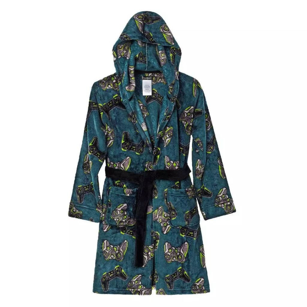 Boys Cuddl Duds M (8/10)Blue Green Video Game Controller Hooded Robe